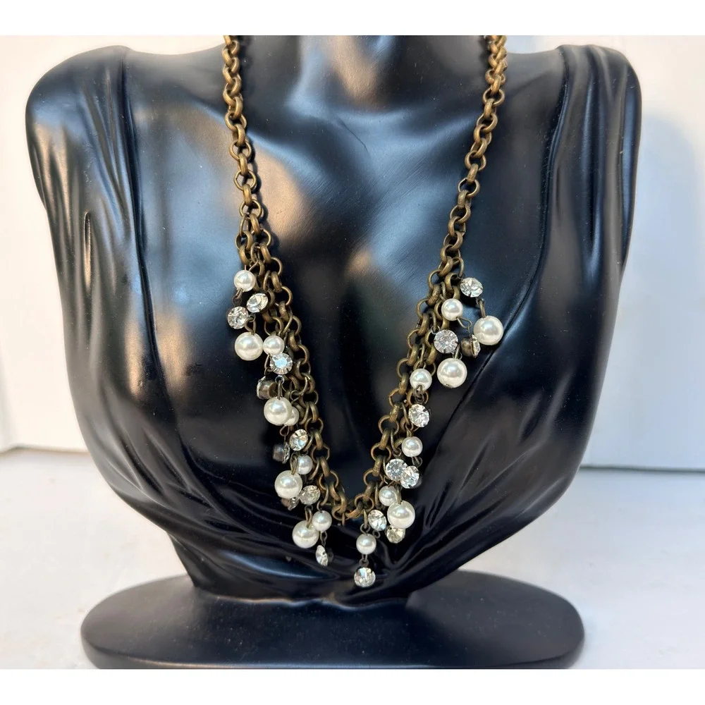 Brass Tone Faux Pearl Rhinestone Multi Strand Bib Necklace
